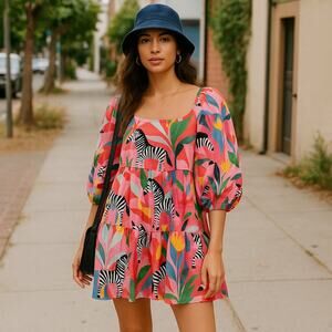 NWT Harringtons‎ Pink Zebra Print Puff Sleeve Mini Dress Size XS